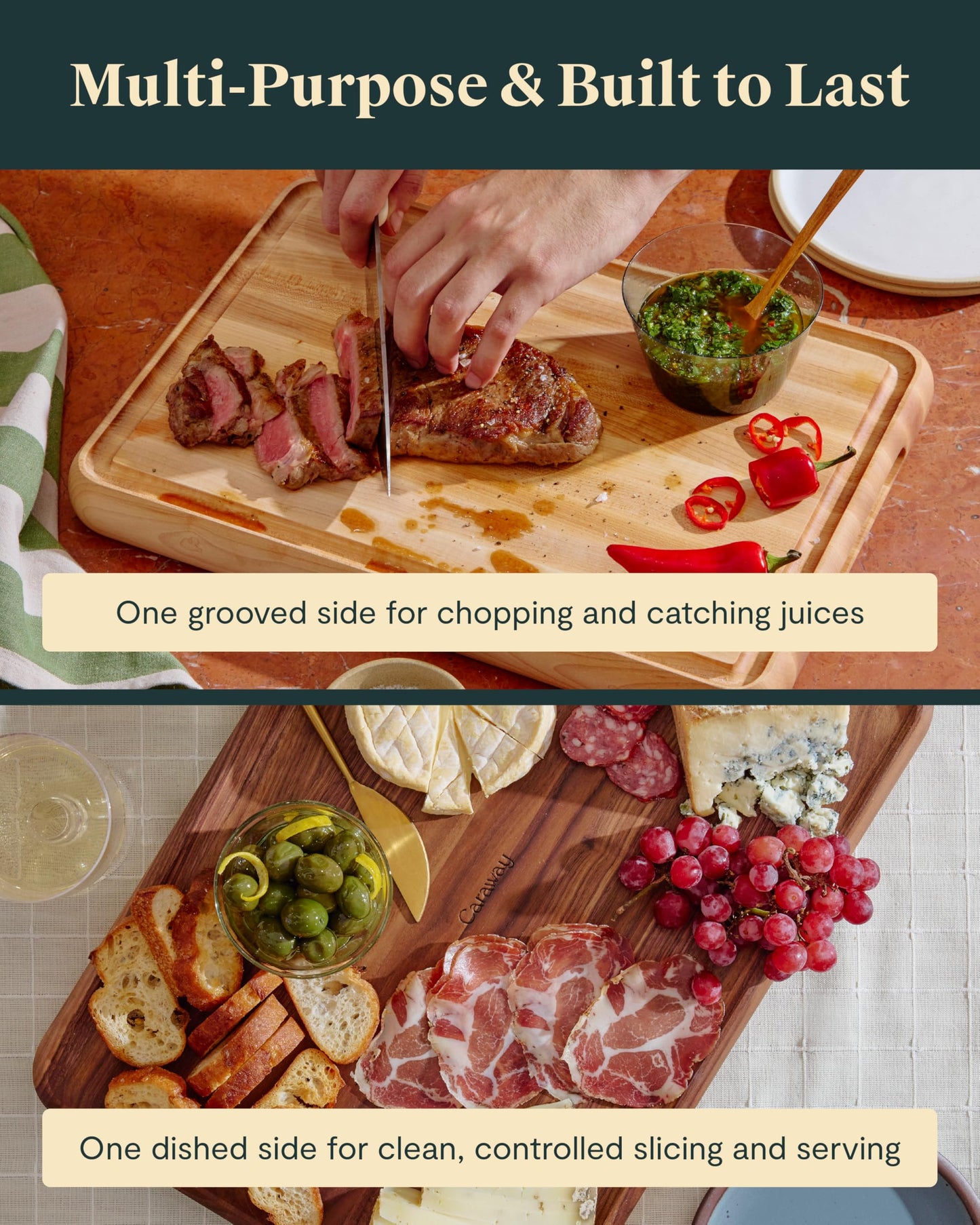 Caraway 3-Piece Prep & Serve Butcher Block Set, Includes 17” Rectangle Cutting Board, 12” Square Cutting Board and Metal Storage Rack, Maple