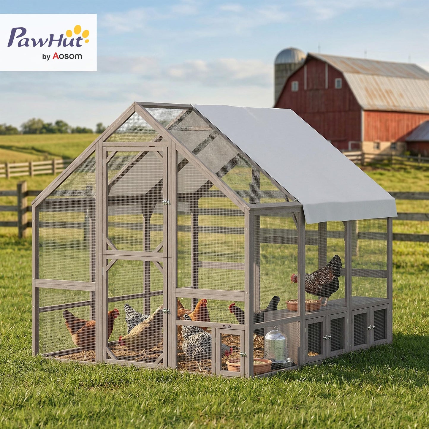 PawHut Large Wooden Chicken Coop for 8-10 Hens, Walk-in Chicken Run with Waterproof Cover, Nesting Boxes and Perches, Outdoor Poultry Cage Rabbit Hutch for Backyard, 83" x 73" x 73", Light Brown