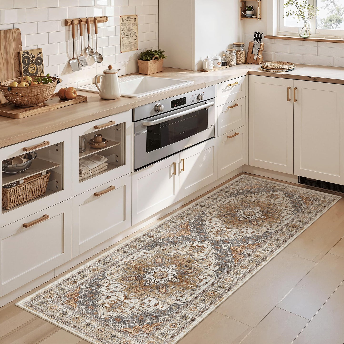 Madane Washable Runner Rug - 2x6 Rug Runners for Hallways 6 Feet Non Slip Vintage Kitchen Runner Rug Ultra-Thin Bathroom Runner Rugs Carpet Laundry Room Bedroom (2x6ft, Turmeric/Grey)