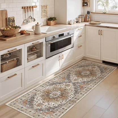 Madane Washable Runner Rug - 2x6 Rug Runners for Hallways 6 Feet Non Slip Vintage Kitchen Runner Rug Ultra-Thin Bathroom Runner Rugs Carpet Laundry Room Bedroom (2x6ft, Turmeric/Grey)