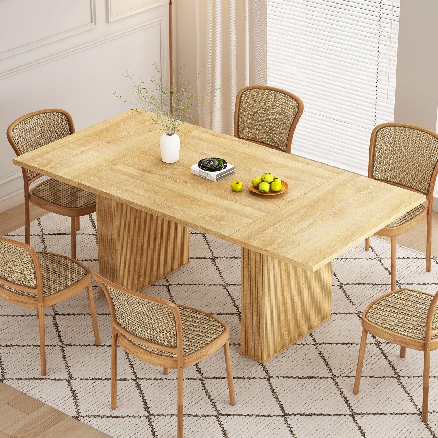 78 Inch Rectangular Dining Table for 6 to 10, Farmhouse Fluted Dining Kitchen Table, Modern Wood Long Dining Table for Kitchen Living Room, Natural