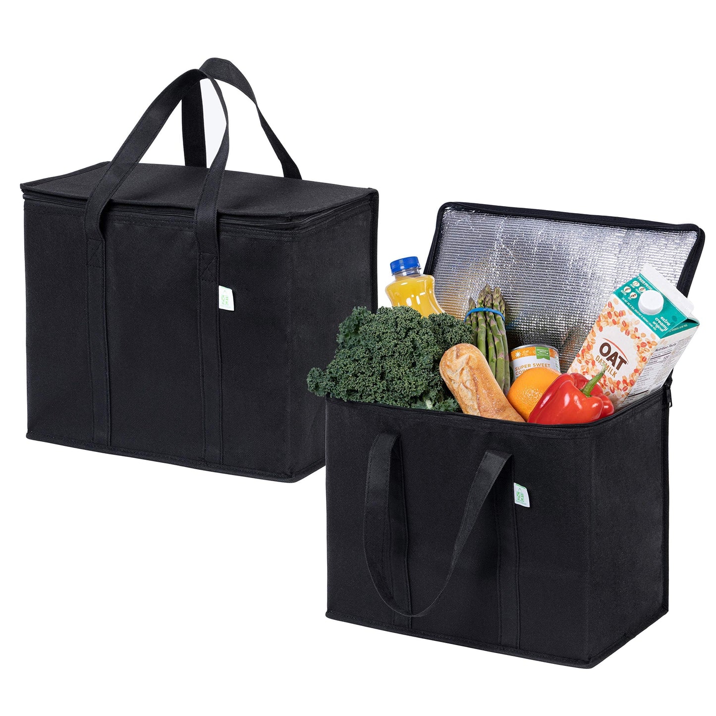VENO 2 Pack Cooler Bags - Insulated for Food Delivery, Collapsible and Reusable Shopping Bags with Zipper, Foldable, Heavy-Duty, Stands Upright - Ideal for Groceries (Black, 2 Pack)
