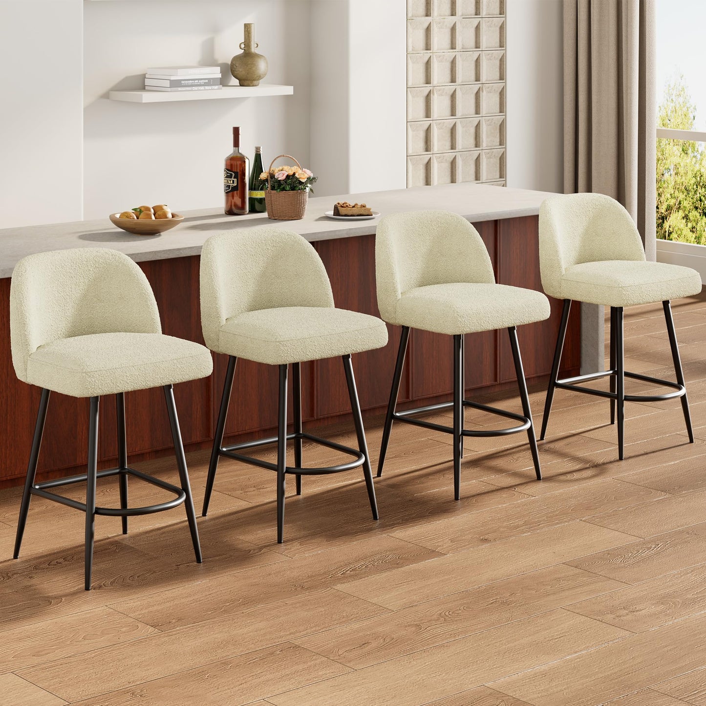 IDEALHOUSE Counter Height Bar Stools Set of 4, 26" Modern Upholstered Barstools with Backs and Metal Legs, Faux Sherpa High Chairs with Arc Metal Footrest for Kitchen Island, Beige