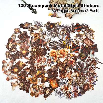 Moriquill 120PCS Steampunk Vintage Stickers – Die-Cut Antique Gears, Bulbs & Butterflies with No-White Edge Cardstock for Scrapbooking, Journaling and DIY Crafts