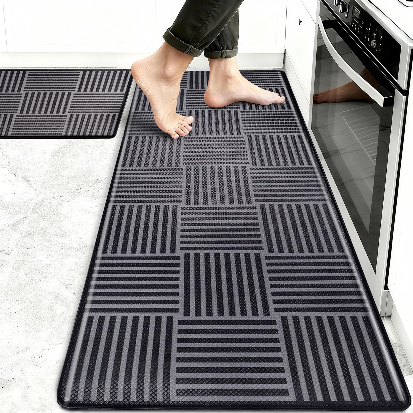 Kitchen Mats For Floor 2 Piece Cushioned Anti Fatigue Kitchen Plaid Rugs Set Non Slip Waterproof Comfort Foam Standing For Laundry,Desk,Office,Bathroom,Apartment Decor,17.3"X29"+17.3"X47",Black