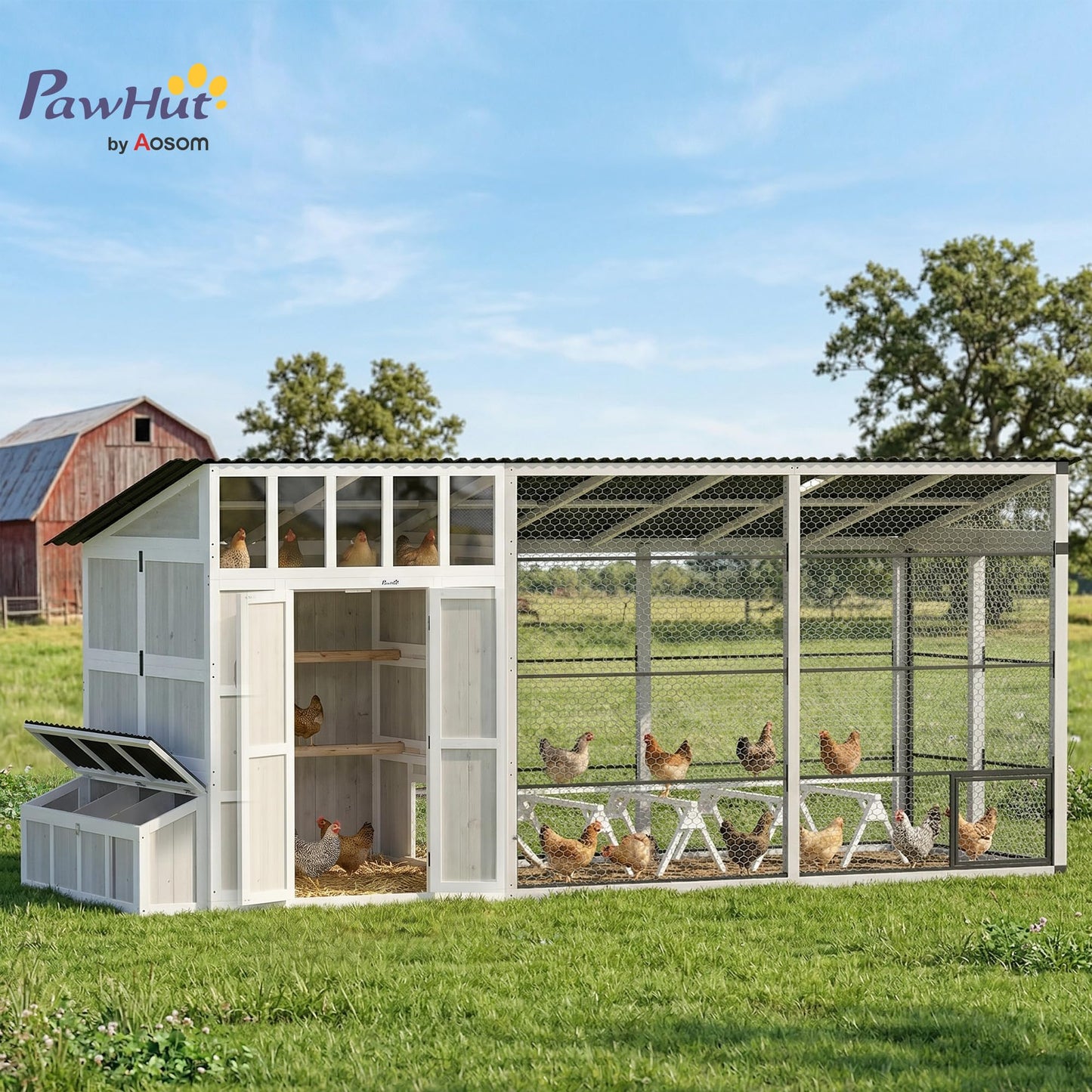 PawHut 212" L Large Chicken Coop for 10-15 Hens, Walk-in Outdoor Chicken House with Shovel, Run, Nesting Box, Weatherproof Roof, Perches, Wooden Hen House Poultry Cage for Ducks, Rabbits