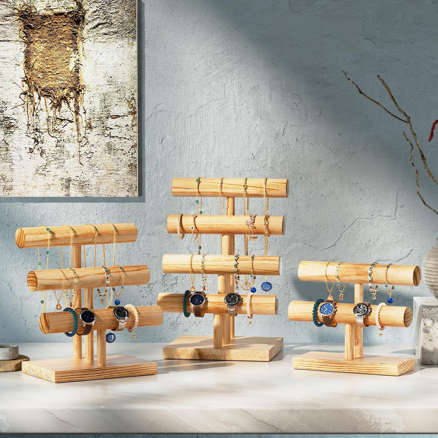 ProCase Bracelet Holder Display Bracelet Organizer, Wooden Bracelet Stand for Selling, T-bar Bangle Storage Rack Wood Watch Display Tower for Business - 3 Tier, Nature