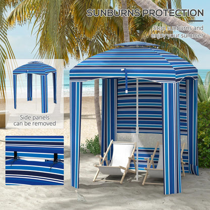 leoglint 5.8' x 5.8' Portable Beach Outdoor Umbrella with Double-Top, Ruffled Outdoor Cabana with Walls, Vents, Sandbags, Carry Bag, Blue Stripe
