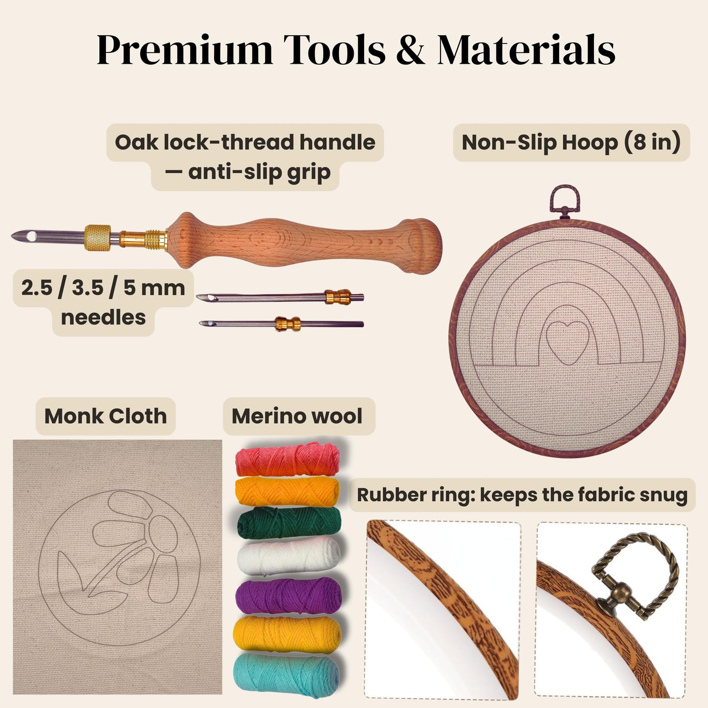 Zyrose Punch Needle Kit for Beginners & Adults, Printed Fabric, 8" Non-Slip Hoop, 3 Interchangeable Needles, Premium Merino Yarn – Complete Starter Set – Joyful Days