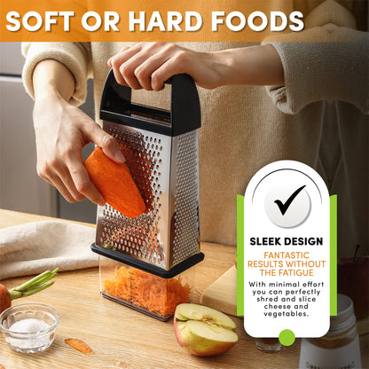 Spring Chef Professional 10" Parmesan Cheese Grater With Container, Stainless Steel & Soft Grip Handle, 4 Sided Kitchen Cheese Shredder, Handheld Box Grater for Vegetables, Potato, Carrot - Black