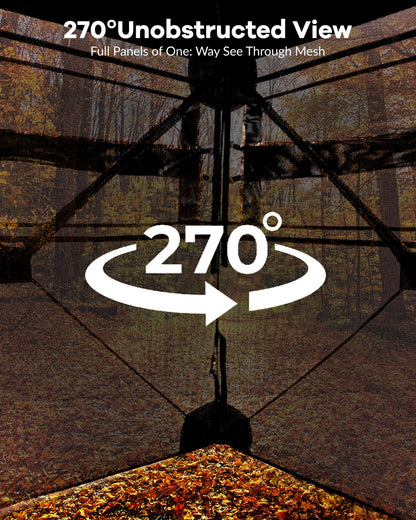 Hunting Blind 270 Degree See Through Ground Blind for Turkey Deer Hunting, 4-6 Person Camouflage Pop Up Hunting Blinds Ground Waterproof Portable Concealed Shelter with Silent Door and Carrying Bag