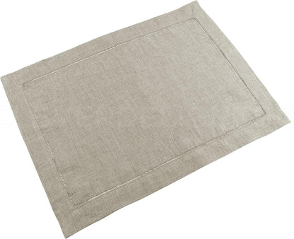 CleverDelights Natural Linen Hemstitched Placemats - 6 Pack, 14" x 20"
