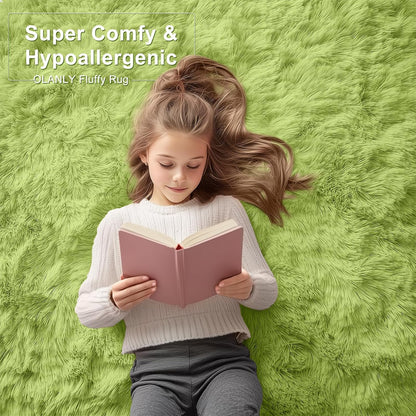 OLANLY 2x4 Machine Washable Runner Rug - Soft Fluffy Shaggy Design for Bedroom & Hallway | Grass Green