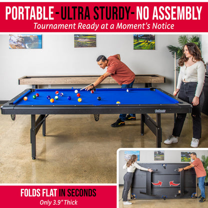 GoSports Full Size 8 ft x 4.2 ft Billiards Game Table - Foldable Design, Includes Full Set of Pool Balls, 2 Cue Sticks, Chalk, and Felt Brush - Blue