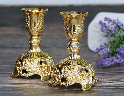 Taper Candle Holders with Deluxe Engraved Design, Set of 2 Premium Gold Candlestick Holders