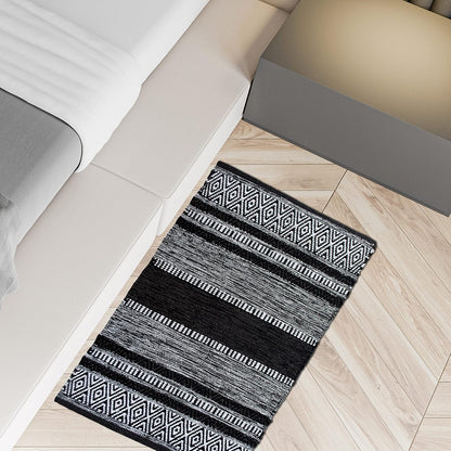 Chardin Home Farmhouse Rug 24''x36'' Black-White, Recycled Cotton Hand Woven Rug for Hallways, Kitchens, Bedrooms