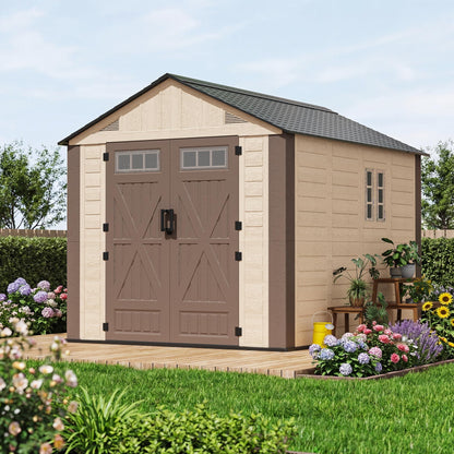 AirWire 8x10 FT Outdoor Resin Storage Shed, Plastic Shed with Floor, Door,Window &Vents, Extra Thick Outdoor Resin Shed for Patio, Backyard, Beige