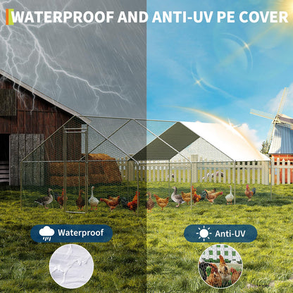 Large Metal Chicken Coop Walk-in Poultry Cage, Chicken Run with Waterproof Anti-UV Cover, Heavy Duty Galvanized Steel Hen House for Outdoor Yard Farm Duck Rabbit (9.8' L x 19.7' W x 6.6' H)