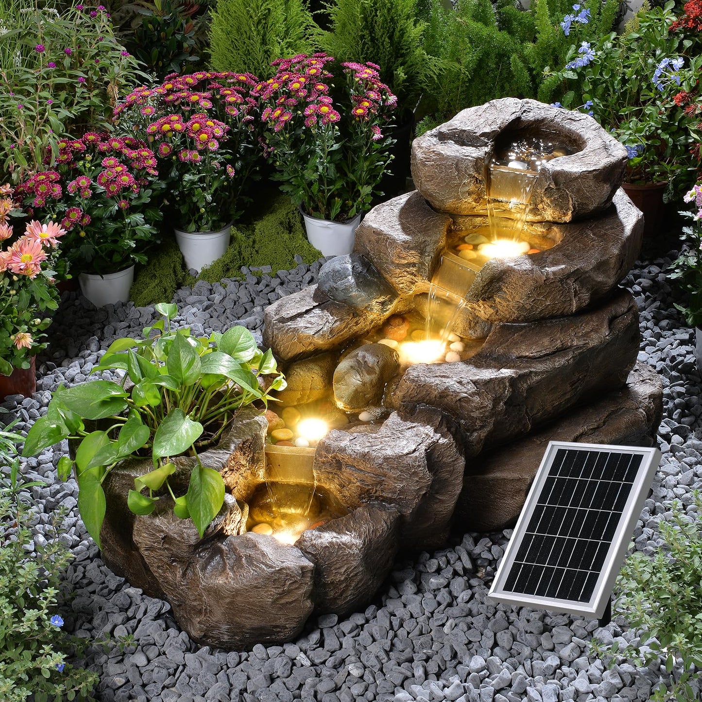 Pivotify 38.2" L Solar Water Fountain Outdoor,5-Tier Rock Waterfall Fountains Solar Powered Floor Standing Outdoor Water Feature with LED Lights for Patio, Garden,Porch, Yard, Home Art Decor（Brown）