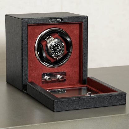 Gift Set 12 Slot Leather Watch Box with Valet Drawer & Matching Single Watch Winder - Luxury Case Display Organizer, Locking Mens Jewelry Watches Holder, Men's Storage Boxes Glass Top Black/Red