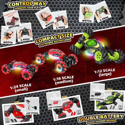 XUERENTECH Spider Gesture RC Car, 2.4GHz Gesture Sensing RC Stunt Car Toys for 6-12 Years Old Boys Girls, Hand Controlled Remote Drift Twist Offroad 360° Rotation with Lights Music for Birthday Gifts