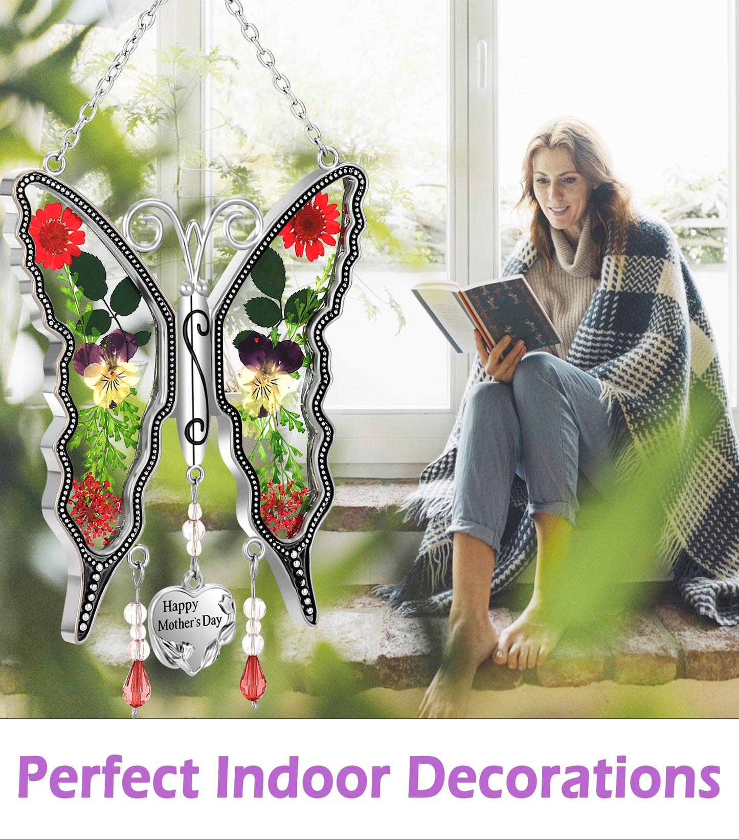 KY&BOSAM Gifts for Women Happy Mother`s Day Butterfly Suncatcher Stained Glass Suncatcher for Window Hanging Home Decor Wind Chime with Pressed Real Flower Garden Decor Gifts for Mom Mothers Day