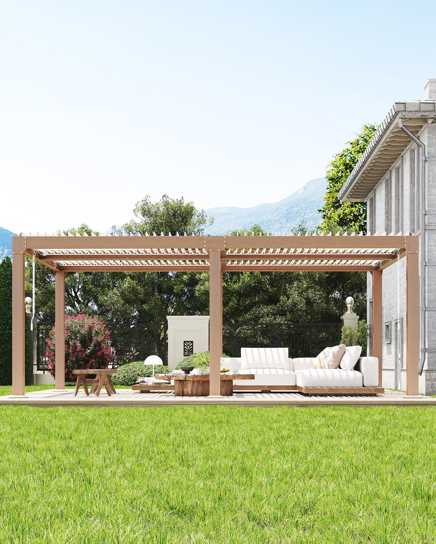 GarveeLife Louvered Pergola 12 ft x 20 ft, Outdoor Pergola with Adjustable Louvered Roof, Reinforced Aluminum Frame, Integrated Drainage System, Hardtop Gazebo for Patio, Deck, Wood Grain