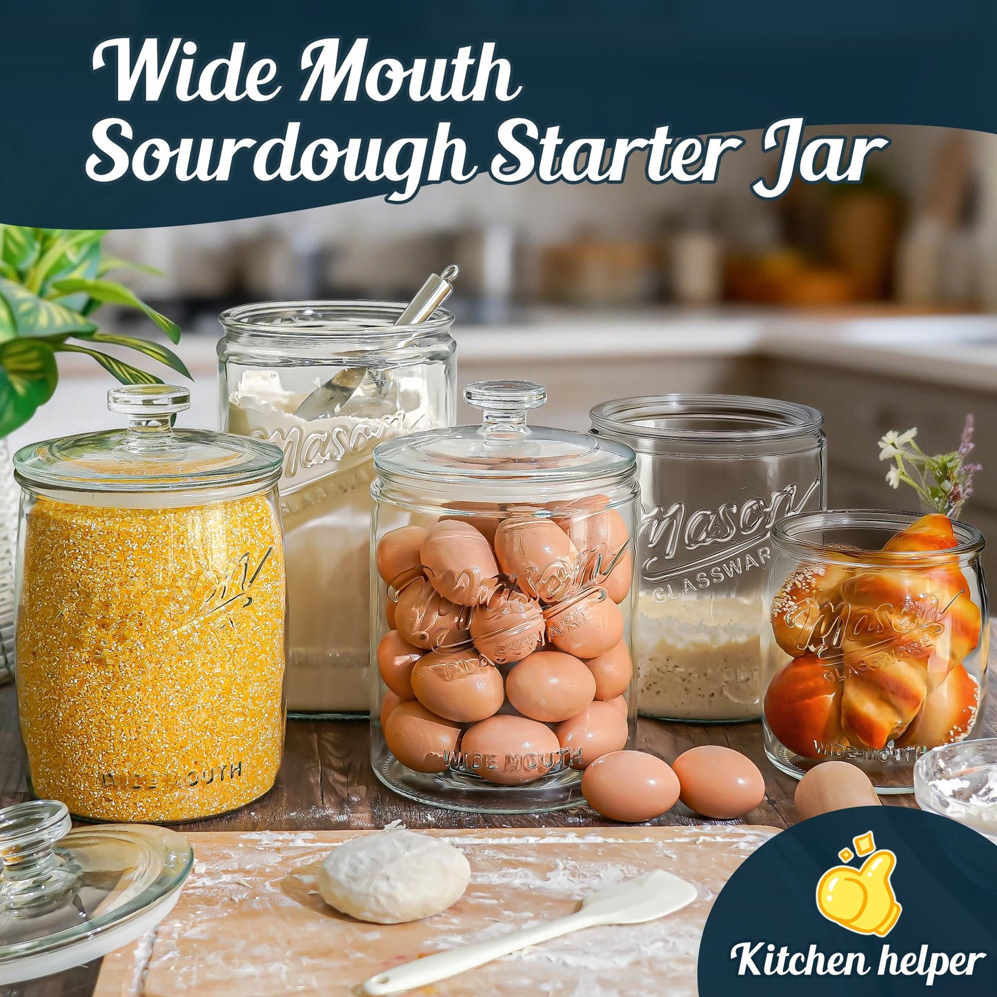 Dwbligt [NEW] Cookie Jars with Lids Airtight, 1.5 Gallon Large Glass Jar with Lid & Scale Mark, Heavy Duty Glass Canisters for Kitchen Counter, Pantry, Wide Mouth Mason Jar for Sugar, Dog Treat-2 PCS