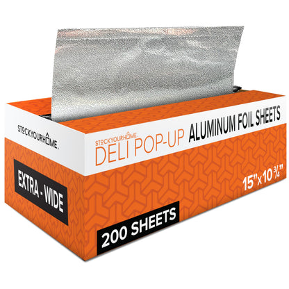 Stock Your Home Aluminum Foil Sheets, 200 Count, 15' Extra Wide Heavy Duty, Pop Up Foil Sheets for Restaurant, Deli, Home Use