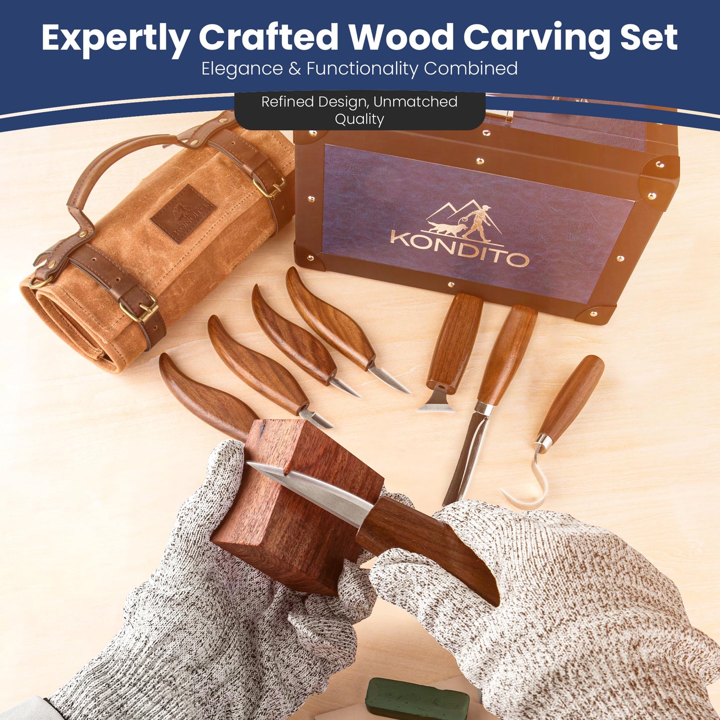 KONDITO Complete Wood Carving Kit – Premium Carving Knives Set with 7Cr17 Steel Blades, Safety Gloves, Honing Strop, Roll Bag & Gift Storage Case – Woodworking Tool Set for Adults & Beginners
