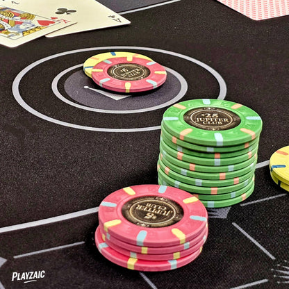 Playzaic 500-count Jupiter Club 43mm Oversize Casino Clay Poker Chip Set | 11-gram XL Chips in Locking Protective Case | 100% Clay Luxury Feel for Home Cash Games & High Stakes Tournaments