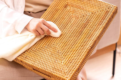14.5" Small Hand-Woven Rattan Serving Tray with Handles Rectangular Snack Tray for Coffee Table, Fruit, Drinks, Decor