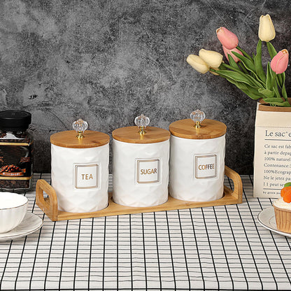 JUXYES Set of 3 Ceramic Canisters Set for Sugar Coffee Tea With Handle Tray, Luxurious Storage Containers Sets with Lids Decorative Storage Pots White Ceramic Storage Jar for Kitchen Dining Counter