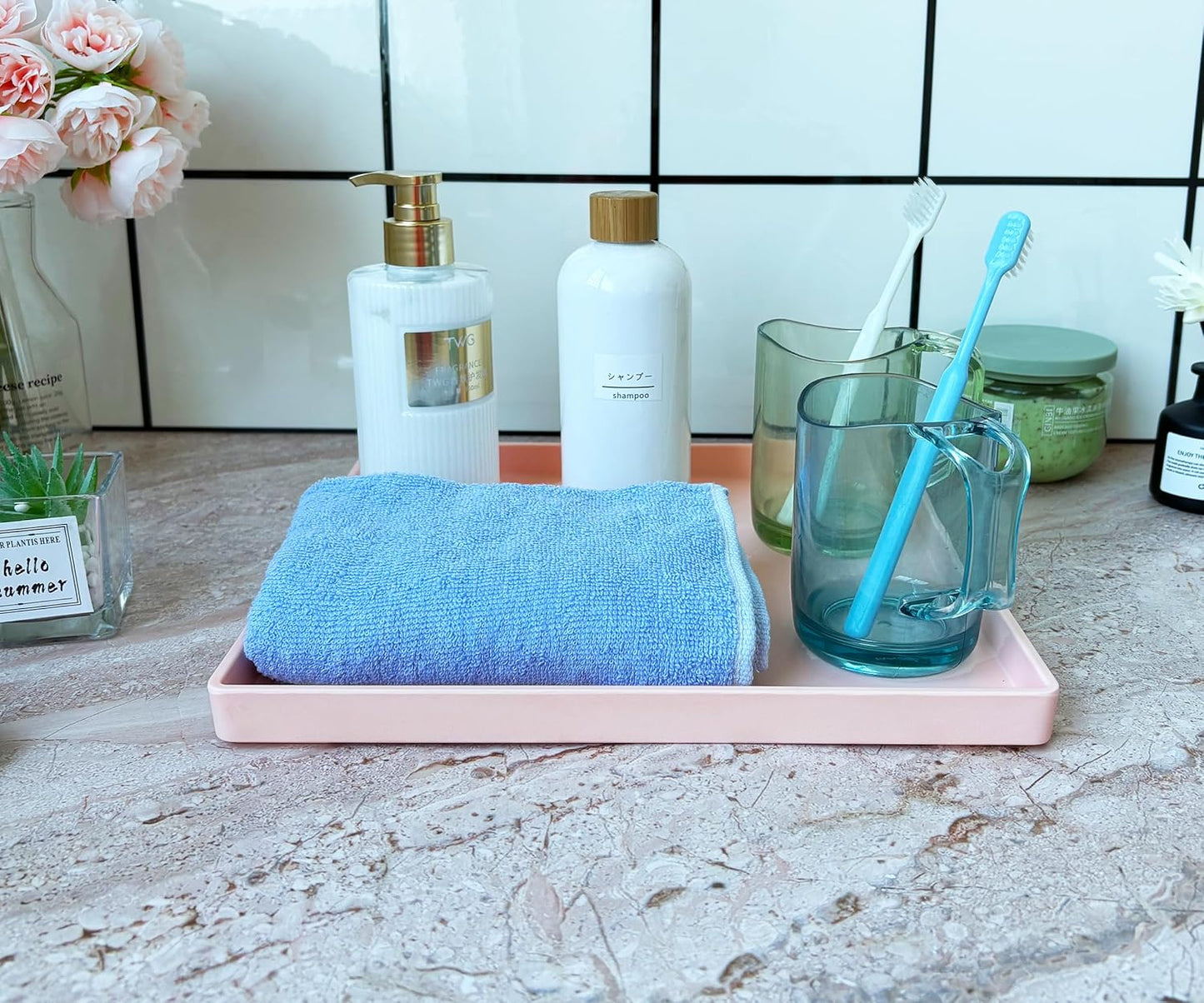 11 Inch Countertop, Pink Square Tray - Decorative Organizer Tray for Vanity, Bathroom Coffee Table & Ottoman |