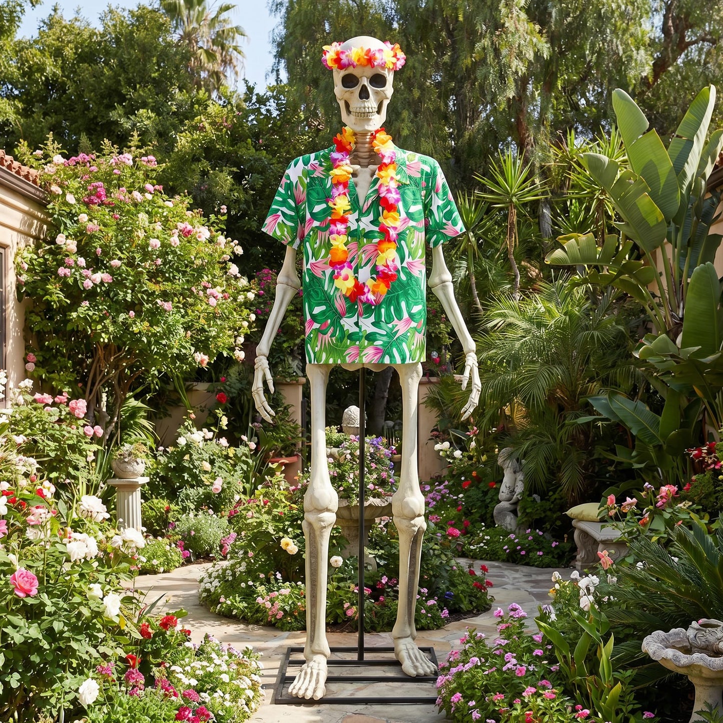 3 Pcs 12 Ft Skeleton Summer Costume Set, Hawaiian Skeleton Clothes Accessories Included Headband Garland and Shirt, Giant Skeletons Outfit Accessories for Outdoor Yard Decor, Skeletons Not Included