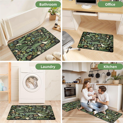 Black Green Botanical Kitchen Rugs Set of 2 Plant Leaf Anti-Fatigue Kitchen Mat Natural Comfort Standing Waterproof PVC Mats 2/5" Thick Leather Carpet for Laundry Office Sink(17.3" x28" + 17.3" x 47")