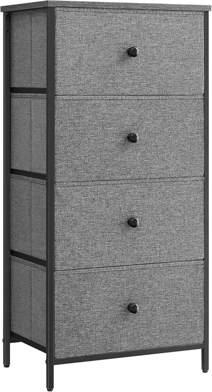 SONGMICS Fabric Dresser - 4 Drawer Small Chest with Metal Frame | Gray and Black Wood Grain Finish