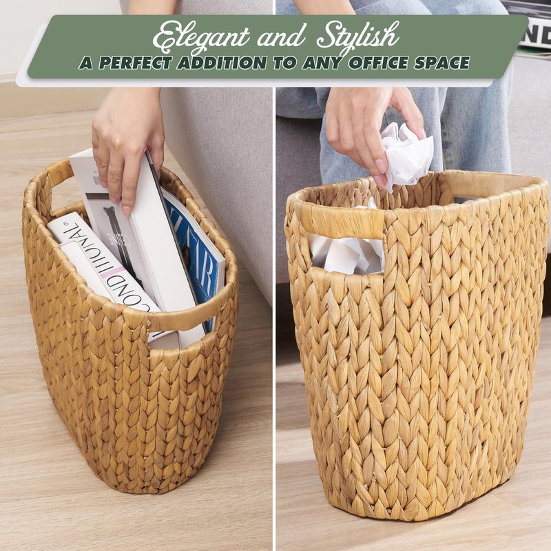BLUEWEST 3.5 Gallons Wicker Trash Can, Wicker Rattan Bathroom Trash Can with Built-in Handle, Large Handwoven Hyacinth Waste Bin for Office, Bedroom, Living Room, and Kitchen