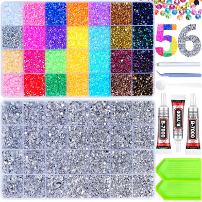 61000Pcs Jelly Rhinestones for Bedazzling, 2 Boxes Multicolor 3mm & Silver Clear 2/3/4/5/6mm Resin Flatback Gems for Crafting, Bedazzler Kit with 3Pcs 15ml B7000 Jewelry Glue for Crafts Clothes Book