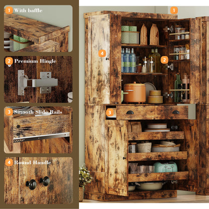 IRONCK Kitchen Pantry Cabinet 72" Height, Freestanding Cupboard with Drawer, Sliding Storage Rack, and 6 Hanging Shelves for Dining Room, Laundry, Living Room, Vintage Brown