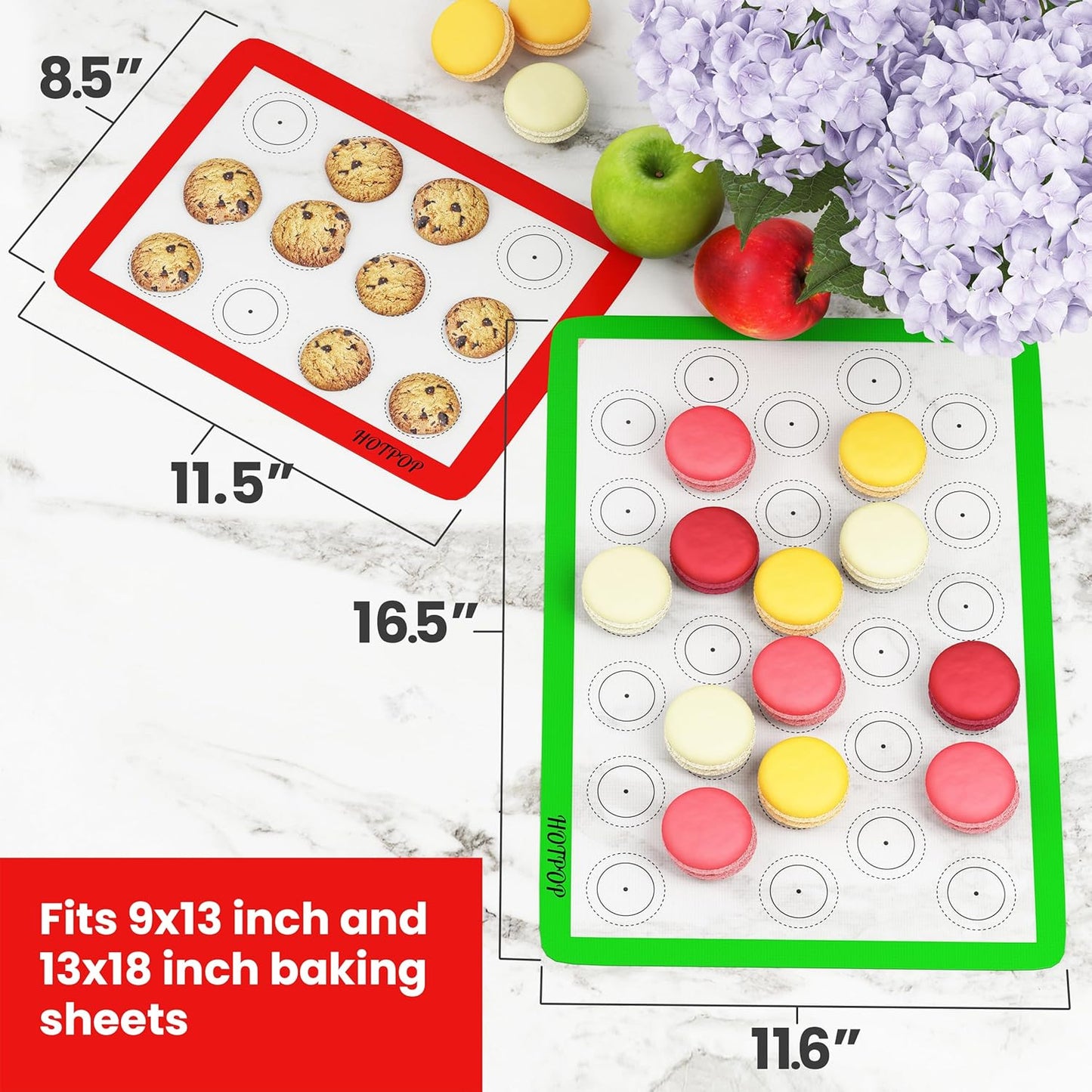 HOTPOP Reusable Macaron Cookie Sheet, Non-Stick Baking Mats, Set of 4 (2 Half Sheets, 2 Quarter Sheets)