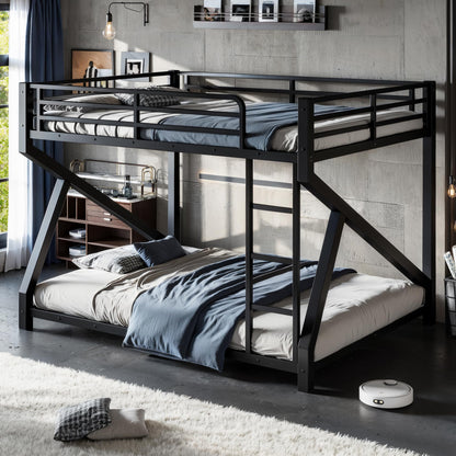 Bellemave Queen Over Queen Bunk Bed Frame with Noise Reduced Design, Low Profile Bunk Bed with Soft Ladder Rung Cover and Fence, Heavy Buty Bunk Beds for Adults, Teens