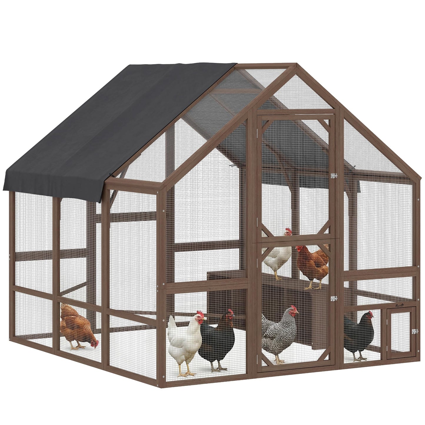 PawHut Large Wooden Chicken Coop for 8-10 Hens, Walk-in Chicken Run with Waterproof Cover, Nesting Boxes and Perches, Outdoor Poultry Cage Rabbit Hutch for Backyard, 83" x 73" x 73", Dark Brown