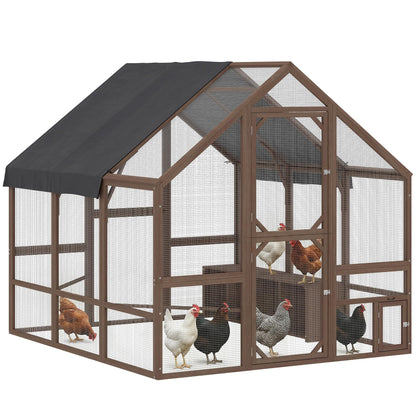 PawHut Large Wooden Chicken Coop for 8-10 Hens, Walk-in Chicken Run with Waterproof Cover, Nesting Boxes and Perches, Outdoor Poultry Cage Rabbit Hutch for Backyard, 83" x 73" x 73", Dark Brown