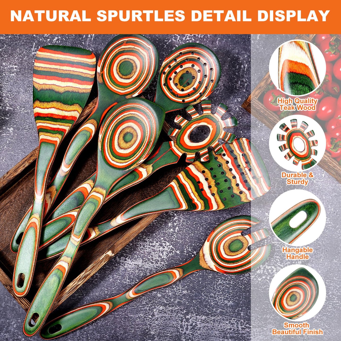 NAYAHOSE 7Pcs Pakkawood Kitchen Utensils Set for Cooking, Wooden Spoons for Cooking, Safe Eco-Friendly, Non-Stick, Wooden Utensil for Cooking,Wooden Cookware Set, Housewarming Kitchen Gifts, Green