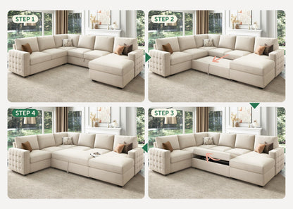 HONBAY Sectional Sleeper Sofa with Pull-Out Bed Storage Chaise, 6 Seaters Couch for Living Room, Beige
