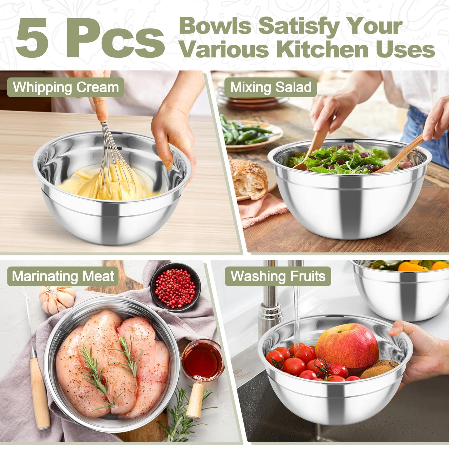 TeamFar Mixing Bowls, Stainless Steel Salad Serving Bowl with Clear Lids & 3 Graters, For Kitchen Cooking Prepping Storing, Size 4.6/2.6/1.5/1/0.7 QT, Nesting & Airtight, Set of 5 & Khaki