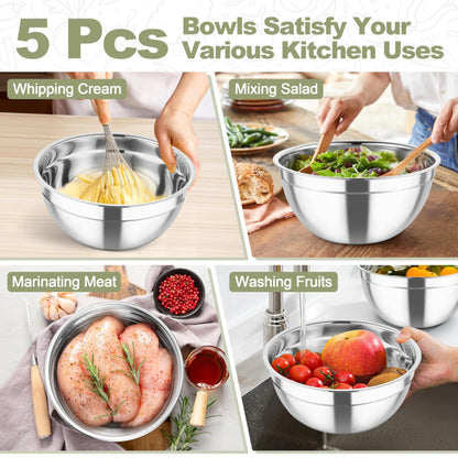 TeamFar Mixing Bowls, Stainless Steel Salad Serving Bowl with Clear Lids & 3 Graters, For Kitchen Cooking Prepping Storing, Size 4.6/2.6/1.5/1/0.7 QT, Nesting & Airtight, Set of 5 & Khaki