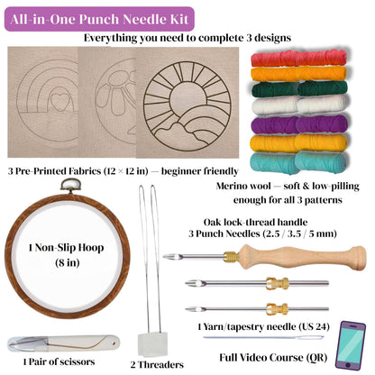 Zyrose Punch Needle Kit for Beginners & Adults, Printed Fabric, 8" Non-Slip Hoop, 3 Interchangeable Needles, Premium Merino Yarn – Complete Starter Set – Joyful Days