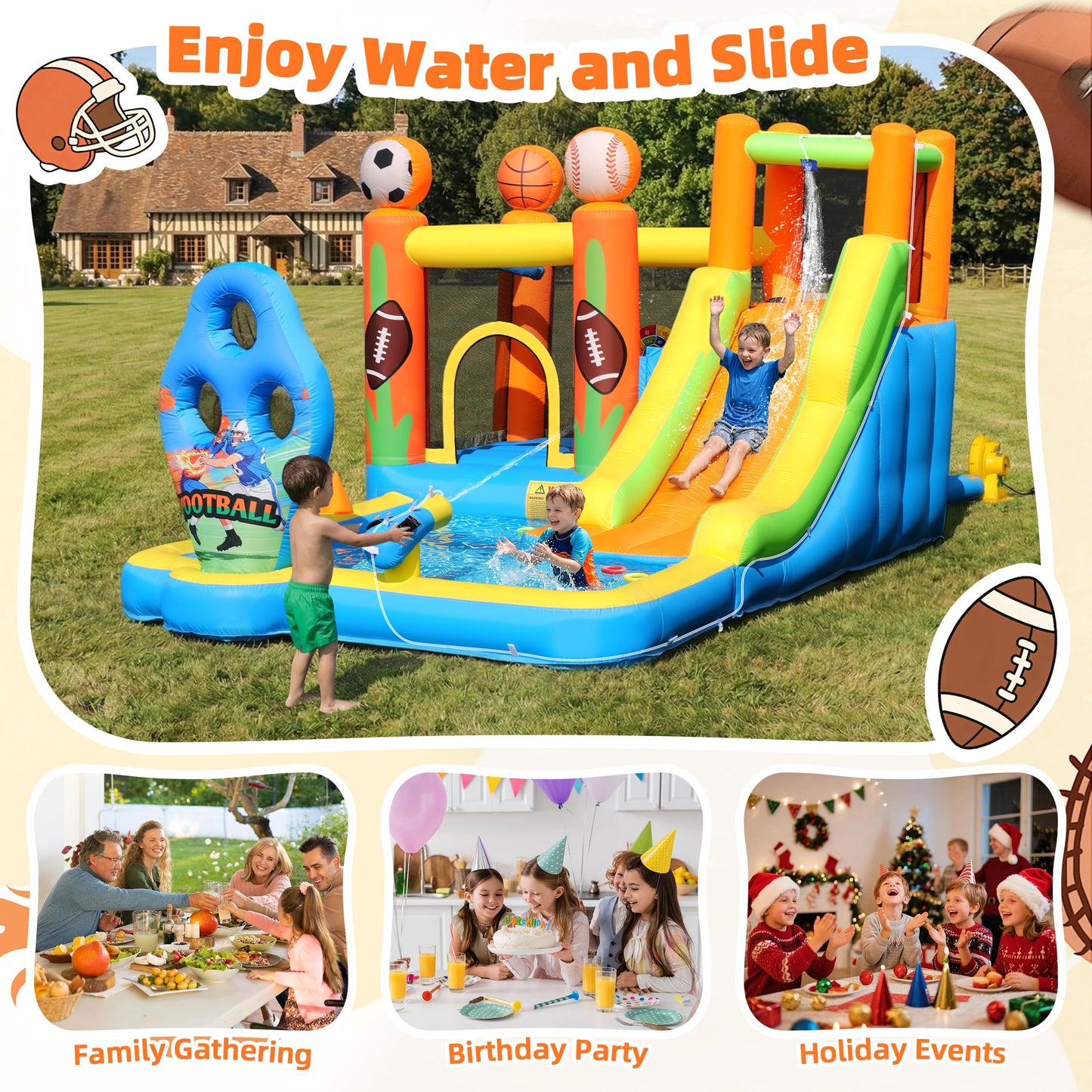 TOAOB Inflatable Water Slide for Kids 3-12: Blow Up Bounce House Backyard Water Park with 480W Blower- 9 in 1 Football-Themed for Outdoor Birthday Party